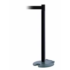 This retractable belt post barrier features a steel base and steel post, both finished in black. The black belt extends to 7 1/2 ft and has no legend or pattern. It is used for pedestrian flow management, queue control, and cordoning off areas in industrial and public settings.