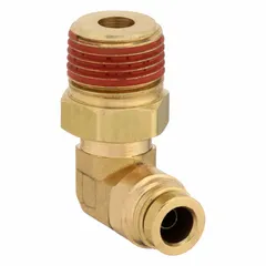 Brass adapter with push-to-connect tube connection and male NPT pipe thread. Features Vibra-Seal thread sealant pre-applied for leak-free sealing. Used in pneumatic systems such as air brake lines on commercial vehicles.