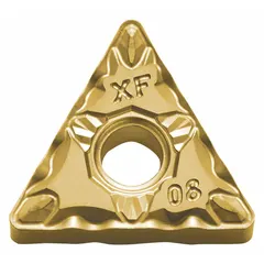 This triangle (T) indexable turning insert features a CVD cerment coating for enhanced wear resistance and heat stability. It is used for medium to finishing cuts in turning operations on steel, stainless steel, and cast iron. The insert is designed for indexable tooling systems in industrial metal removal applications.
