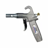 Pistol-grip air gun with aluminum body and 1/4 in female NPT inlet. Features a straight, focused nozzle for directed airflow. Used for industrial blow-off tasks such as clearing debris, chips, and dust from machinery, work surfaces, and parts