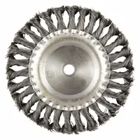 Twisted steel fill brush for heavy cleaning on contoured carbon steel surfaces. Removes rust, scale, and weld splatter. 6 in diameter, 1/2 in width, 5/8 in arbor, 0.014 in fill. Suitable for fabrication and metalworking tasks