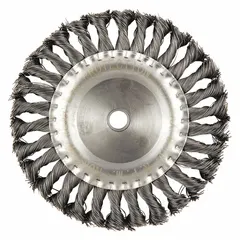 Twisted steel fill brush for heavy cleaning on contoured carbon steel surfaces. Removes rust, scale, and weld splatter. 6 in diameter, 1/2 in width, 5/8 in arbor, 0.014 in fill. Suitable for fabrication and metalworking tasks.