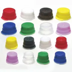 Blue snap-on bottle cap made of polyethylene, 16 mm diameter, unlined and non-vented. Meets FDA standards. Suitable for sealing vials or containers in laboratory and industrial settings where a basic, non-vented closure is required.