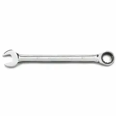 This SAE 12-point ratcheting combination wrench features a 2-inch head size and is constructed from alloy steel with a full polish chrome finish. The ratcheting box end allows for faster fastener turning in confined spaces, while the open end provides high-torque application on standard bolts and nuts. Suitable for general maintenance, automotive repair, and mechanical assembly tasks.