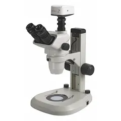 Trinocular stereo microscope with 0.67X to 4.5X zoom range and 10X eyepieces providing a 22 mm optical field of view. LED illumination and 100 mm working distance facilitate inspection and assembly tasks. The trinocular head allows camera integration for documentation.