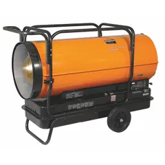 Direct-fired torpedo heater with wheeled mounting for mobility. Covers up to 13,500 sq ft heating area. Features a thermostat and 50-gallon tank providing 10 hours of operation per filling. Dimensions: 48-3/4 in H x 69-1/4 in L x 32-7/8 in D. Suitable for temporary heating in large spaces such as warehouses, construction sites, and workshops.