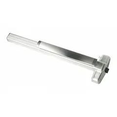 Surface vertical rod push bar exit device with chrome finish. Features a touchbar actuator for egress. Suitable for doors up to 4 ft wide. Used in commercial and industrial facilities to provide safe and quick door opening during emergencies.