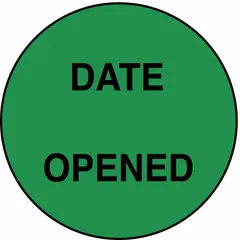 Paper safety label with green circle design and English text. 3/4 inch diameter. Pack of 1,000. Used for visual identification and marking of equipment, bins, or areas.