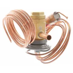 Thermostatic expansion valve for HVACR systems. Regulates refrigerant flow into the evaporator based on superheat. Used in commercial chillers, air handlers, and refrigeration units to optimize cooling efficiency and prevent liquid slugging.