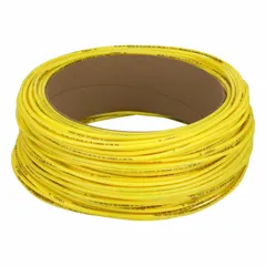 Polyurethane tubing with 1/8 in inner diameter and 1/4 in outer diameter, 500 ft length, yellow color. Hardness Shore A 90 to 95. Maximum operating pressure 250 psi at 180°F. Suitable for pneumatic and fluid transfer applications in industrial automation and control systems.