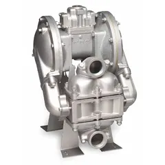 Air-operated double diaphragm pump with cast iron housing. 2 in NPT connections, 135 gpm flow, 231 ft max head. 316 stainless steel seat and Santoprene check valve. Suitable for transferring fluids in industrial applications.