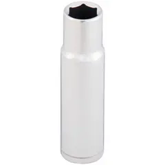 This 1/2" drive hand socket features an 11 mm metric size with a 6-point configuration and deep design. Constructed from chrome, it is suitable for tightening or loosening hex fasteners in applications requiring extended reach, such as automotive repair and machinery maintenance.