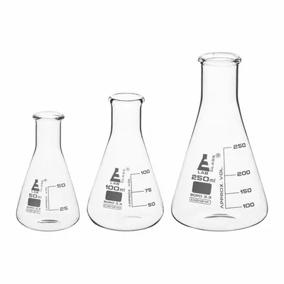 EISCO SCIENTIFIC Erlenmeyer Flask Set: 50 mL_100 mL_250 mL, Colorless, Round, A - Glass Erlenmeyer Flask Sets