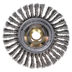Stainless steel wire wheel brush designed for cleaning weld beads on stainless steel surfaces. Removes slag, discoloration, and oxidation without contaminating the base metal. Suitable for use with standard angle grinders in fabrication and structural welding applications.