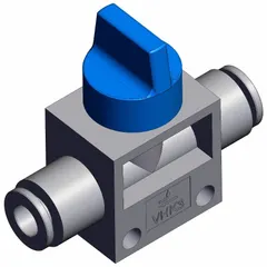 Manual air control valve with knob actuator for starting, stopping, or redirecting compressed air flow in pneumatic systems. Features 3 ports, 6 mm side-ported body, and blue actuator. Suitable for panel-mount or handheld control applications.