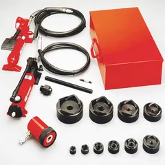 Hydraulic punch driver set for punching holes in mild steel. Includes 12-ton cylinder, 2-speed hand pump, ten punches and dies (1/2 to 4 in), drawstuds, converter, 6 ft hose coupler, and metal case. Used for creating clean knockout holes in electrical enclosures and sheet metal.