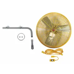 This Dayton industrial fan features a 24-inch blade diameter and a 1/3 hp motor operating on 115V AC. It offers two speeds in a non-oscillating, post-mount configuration, suitable for high-visibility air circulation in warehouses, factories, and workshops.