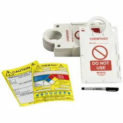 Plastic safety tag for indoor/outdoor use, rectangle shape, 11 1/4 in height by 6 in width, 0.06 in thickness. Includes 10 tag holders. Not laminated. Suitable for hazard communication and identification in industrial environments.