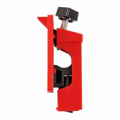 Clamp-on lockout device for single-pole circuit breakers rated 120/277V AC. Used in lockout/tagout procedures to secure the breaker toggle and prevent accidental re-energization during maintenance. Does not include a cable tie slot.