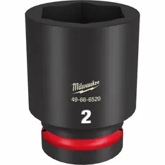 This 1" drive impact socket has a 2" SAE size and a 6-point deep design. The black phosphate finish provides corrosion resistance. It is used with impact tools for fastening and loosening heavy-duty bolts and nuts in industrial settings.