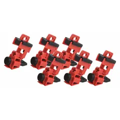 Clamp-on lockout device for single-pole circuit breakers rated 120/277V AC. Features a cable tie slot for secure attachment using standard nylon cable ties. Used in lockout/tagout procedures to prevent accidental re-energization during maintenance.