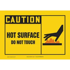 Vinyl adhesive caution sign warning of hot surfaces. Each sign measures 3 1/2 x 5 inches with a thickness of 0.02 inches. Not retroreflective or glow-in-the-dark. Suitable for marking hot surfaces on machinery, pipes, or equipment panels to warn personnel.