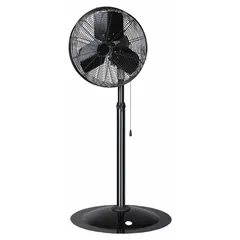 Standard industrial pedestal fan with 20-inch blade diameter, 1/7 hp motor, two speeds, and oscillating function. Operates on single-phase 120V AC power. Suitable for general air circulation and cooling in industrial environments such as workshops, warehouses, and manufacturing facilities.