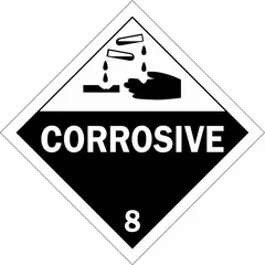 This BRADY placard displays the message 'Corrosive' for identifying hazardous materials as Class 8 during transport and storage. It measures 10 3/4 in x 10 3/4 in with a label height of 10 3/4 in. Suitable for mounting on drums, totes, and containers to meet DOT placarding requirements.