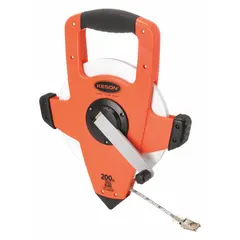 KESON NRS18200 open-reel long tape measure with a 200 ft steel blade graduated in 1/8 in increments. Single-sided hook-end design with a nonmagnetic single hook and a plastic case. Suitable for measuring long distances in construction, surveying, and industrial layout work.