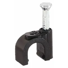 Plastic mounting clip designed to secure DT-025 or PT-025 1/4 in vinyl distribution tubing in irrigation systems. Sold in a 10-pack, black color. Used to hold tubing in place along trenches, raised beds, or ground surfaces.