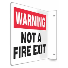 This sign is designed to warn personnel that a projection is not a fire exit. It features mounting holes for installation and is made of PETG. The sign has a nominal size of 8 in x 12 in, is not retroreflective, and does not have a glow-in-the-dark or anti-slip surface. Typical applications include marking non-exit projections in industrial facilities, warehouses, and plants.