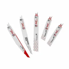 This 5-piece reciprocating saw blade set is designed for cutting wood, including nail-embedded wood, and metal. It includes one 9-inch, 5 TPI blade suitable for demolition and general cutting applications. The blades are intended for use with reciprocating saws in construction and remodeling tasks.