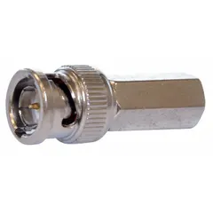 Male BNC connector for RG-58 coaxial cable. Silver finish, twist-on installation. Pack of 10. Suitable for terminating coaxial cable in video and data transmission systems.