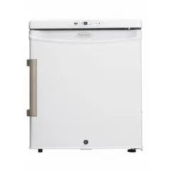 This DANBY tabletop lab refrigerator provides a 2°C to 8°C temperature range for storing pharmacy and vaccine supplies. It features a swing solid door, a temperature alarm, and uses R-600a refrigerant. Overall dimensions are 19 1/4 in depth and 17 3/4 in width.