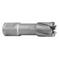 Bright finish carbide-tipped annular cutter with 11/16 in diameter and 1 3/8 in maximum cutting depth. Features a Weldon Flat shank for secure mounting. Designed for cutting tough materials in industrial metalworking and structural steel fabrication.