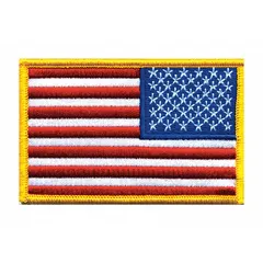 This embroidered emblem features a reverse U.S. flag design with a gold border. It measures 3 1/2 inches by 2 1/4 inches and is constructed of plastic. The patch is sew-on type, suitable for attachment to uniforms, tactical gear, bags, and apparel for identification or display purposes.