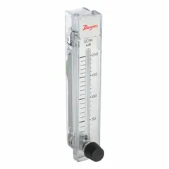 Variable area flowmeter for panel-mount installation in air and compressed gas systems. Measures flow from 20 to 200 scfh with 3% accuracy. Features neoprene O-ring and integrated flow rate adjustment knob. Requires vertical mounting orientation.