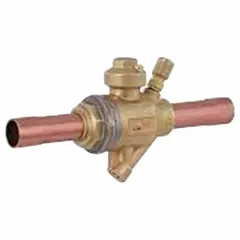 Sweat connection refrigeration ball valve with 3/4 in female sweat connections. Includes an access port and a relief port. Rated for operating temperatures from -40°F to 300°F. Used in HVAC and refrigeration systems for refrigerant flow control and service access.