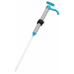 Piston-action down-stroke drum pump with PVC housing and Viton seals. Delivers 8 oz per stroke. Includes spout, 23 in length. For transferring fluids from drums or containers in industrial fluid handling applications.