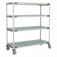 This mobile plastic shelving unit from METRO features four standalone polymer shelves with antimicrobial and corrosion-resistant properties. It is NSF approved and equipped with two swivel casters for mobility. Suitable for harsh environments where hygiene and resistance to moisture are required
