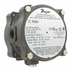 Single operation reset type. Adjustable set-point range of 3 in wc to 11 in wc. NEMA-3 enclosure. Used in HVAC, ventilation, and process control systems for monitoring or controlling air pressure in hazardous locations.