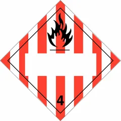 DOT placard for identifying Class 4 flammable solids. Measures 10 3/4 in x 10 3/4 in with message '4'. Used on shipping containers and storage units for hazardous material compliance.