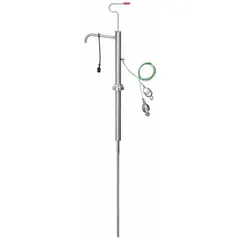 This Dayton down-stroke drum pump features a 316 stainless steel housing and suction tube with PTFE seals. It delivers 7 oz per stroke and includes a spout for dispensing. Suitable for transferring fluids from drums or barrels in industrial and chemical environments.