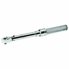 Ratcheting micrometer torque wrench with 1/4-inch square drive, adjustable from 10 to 50 in-lb. Includes NIST-traceable calibration and is tether capable. Used for precise torque application on fasteners in assembly, maintenance, and repair tasks.