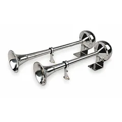 This WOLO electric horn produces a low tone and is designed for use on trucks. It features a bright polished silver finish and includes stainless steel bolts for installation. The horn operates on 12V DC and provides an audible warning signal for vehicles.