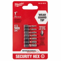 This set of seven imperial hex security bits is designed for driving fasteners with a pin-in-hex recess. Each bit has a 1-inch overall length and a hex drive. Typical applications include tamper-resistant fasteners in industrial maintenance, automotive repair, and equipment assembly where standard hex bits cannot engage.