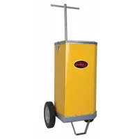 This portable electrode oven stores and dries welding electrodes on-site, preventing moisture absorption that can cause weld defects. It has a 50 lb storage capacity, operates on 120V AC, and includes wheels for mobility. The yellow unit is suitable for construction sites and workshops