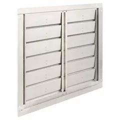 This wall-mount backdraft damper features a double-panel flat blade design with horizontal airflow and vertical mounting. It measures 39 inches high, 39 inches wide, and 2 inches deep, supporting a maximum air velocity of 2500 fpm. Suitable for preventing reverse airflow in ventilation systems.