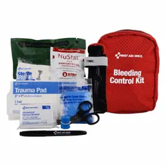 This bleeding control kit is housed in a nylon case and serves one person. It contains 10 components, including a trauma dressing wrap. Suitable for emergency hemorrhage control in industrial and workplace settings.