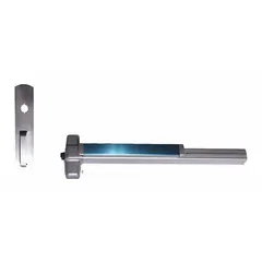 Rim-type exit device with touchbar style for doors up to 3 ft wide. Chrome finish. Includes night latch outside trim. ADA compliant.